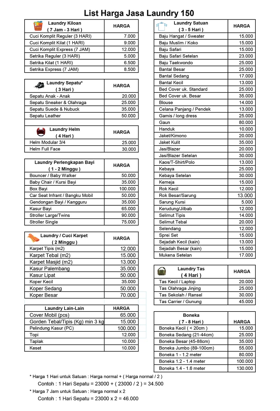 List Harga Jasa 150 - jasa laundry bekasi